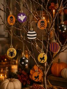 1/3 Set Wooden Flat Halloween Decorative Balls, Yellow, Orange, Purple, Black, White, Spider, Black Cat, Ghost, Skull, Spider Web Round Hanging Ornaments, Suitable For Halloween, Autumn, Porch, Fireplace Mantel, Party And Haunted House Decoration - Multicolor - View 4