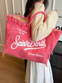 Bolso Tote de Lienzo Dopamina con Borlas, Bolso de Hombro y Mano de Gran Capacidad para Viajes Diarios - Rosa - Ver 5