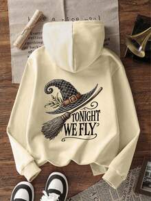 [Halloween]Tween Girl 1pc Thermal Lined Thick Witch Hat Hooded Sweatshirt, Warm Long Sleeve Top For Young Students, Kids Autumn/Winter - Apricot - View 3