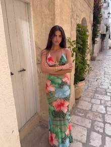 HOTTIE HABIT Women's Halter Triangle Bikini Floral Long Wrap Skirt 3 In 1 Beach Outfit Green Red Leopard Tropical Flower Print Swim Cover Up Summer Vacation - Multicolor - View 2