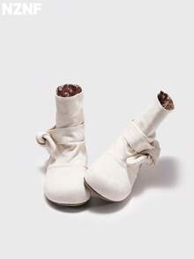 NZNF 1 Pasang Sepatu Bot Ankle Wanita Warna Polos dengan Pita Bulu Imitasi Halus untuk Musim Semi dan Gugur, Cocok untuk Aktivitas Luar Ruangan - Putih - View 7