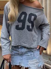 SCARLUX 秋季 Y2K 灰色不對稱露肩數字印花棉混紡長袖上衣，基礎 T-shirt，適合返校、商務與外出穿搭 - 淺灰色 - 查看 5