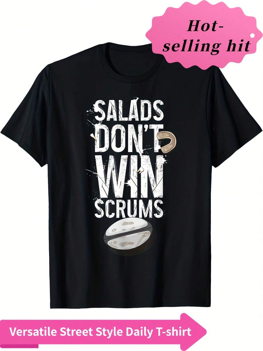Men's Funny Rugby Graphic T-Shirt - Salads Don't Win Scrums Print, Casual Crew Neck, Short Sleeve, Black With White & Rugby Ball Design, Lightweight & - Black - View 1