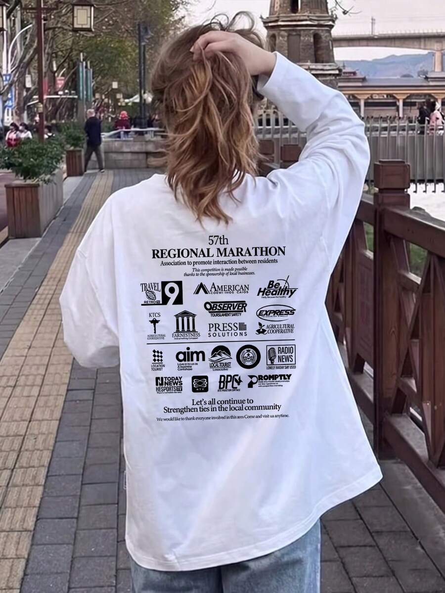 Kaos Lengan Panjang Wanita Longgar, Modis, Serbaguna dengan Motif Huruf, Warna Putih Kasual untuk Musim Semi/Gugur - Putih - View 1