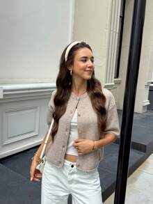 Spring/Summer Women's Simple Elegant College Style Single-Breasted Knit Cardigan Fall - Brown - View 3