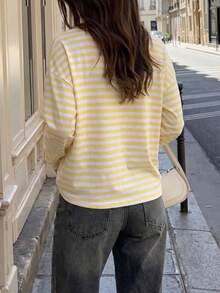 Women Fall Yellow White Stripe Long Sleeve Tee,Crew Neck Loose Casual Top For Back To School Daily Going Out - Yellow - View 11