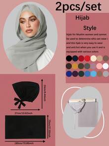 2PCS Women's Scarf And Tie Hat Set Under-Cap Combo, Hijab Middle Eastern Festival Style For Abaya, Elastic Under-Cap - Light Grey - View 3