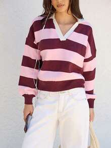 Women Striped Long Sleeve Regular Pullover Sweater With V Neck And High Stretch Fabric - Pink - View 8