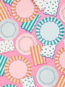 Colorful Vertical Stripe & Floral Disposable Napkins | Wavy Scalloped Edge, Fresh Contrast Print | Picnic BBQ, Bridal Shower & Holiday Table Setting Essential - Blue - View 7