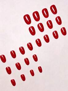 Change Your Nails With 24pcs/Set Short Oval Sweet Gentle Red Solid Color Minimalist Style Press-On Nails, Includes Jelly Glue And Nail File, Perfect For Girls And Women's Daily Wear, Office Afternoon Tea, Party Nail Art - Red - View 4