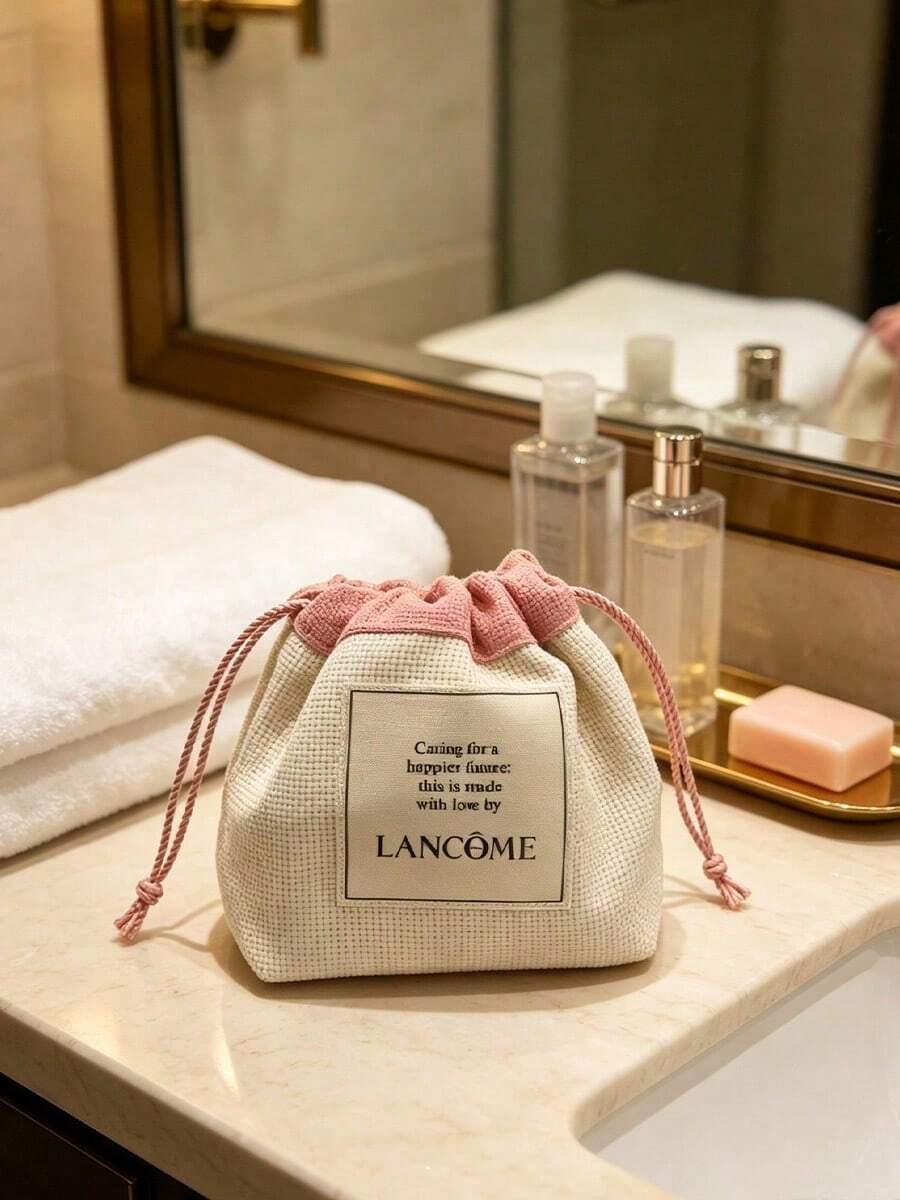 Lancôme Matte Ivory Waterproof Faux Leather Makeup Bag With Embossed Double Rose Pattern, Portable Foldable Travel Cosmetic Organizer LANCOME-GIFT-22 - White - View 1