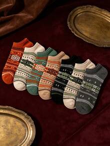 5 pares de calcetines bajos de estilo Fair Isle vintage surtidos, unisex, transpirables y antideslizantes, versátiles para uso diario, desplazamientos y hogar, otoño/invierno, tipo náuticos - Multicolor - Ver 3
