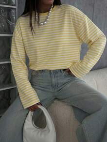 Women Fall Yellow White Stripe Long Sleeve Tee,Crew Neck Loose Casual Top For Back To School Daily Going Out - Yellow - View 5