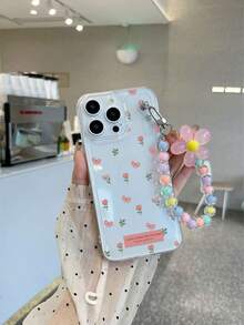 #Android#1pc Transparent TPU Soft Bean Paste Pink Flower Butterfly English Slogan Pattern Full Coverage Phone Case And 1pc Pink Flower Colorful Bead Bracelet Phone Charm, Suitable For Versatile Phone Case/Transparent Phone Case/Interesting Phone Case/Android Phone Case/ Phone Case/ Phone Case/ Phone Case - Multicolor - View 3