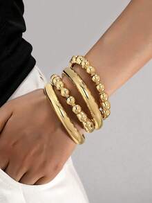 4pcs Set Minimalist Luxury Gold Beaded Smooth Plain Bangle Bracelet Set, Multi-Layer Stackable Beaded & Plain Bangle Combination, Niche High-End Metal Style Hand Jewelry, Versatile For Daily Commute & Dating, Enhances Gentle Elegant And Outfit Layering, Outstanding Texture And Unique Design - Gold - View 4