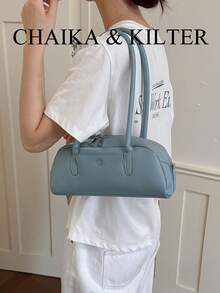 CHAIKA & KILTER 1件裝純色PU布料女款時尚波士頓保齡球肩背包，金屬孔眼裝飾，雙手把設計，拉鍊開合，適合日常與街頭使用 - 淺藍色 - 查看 9