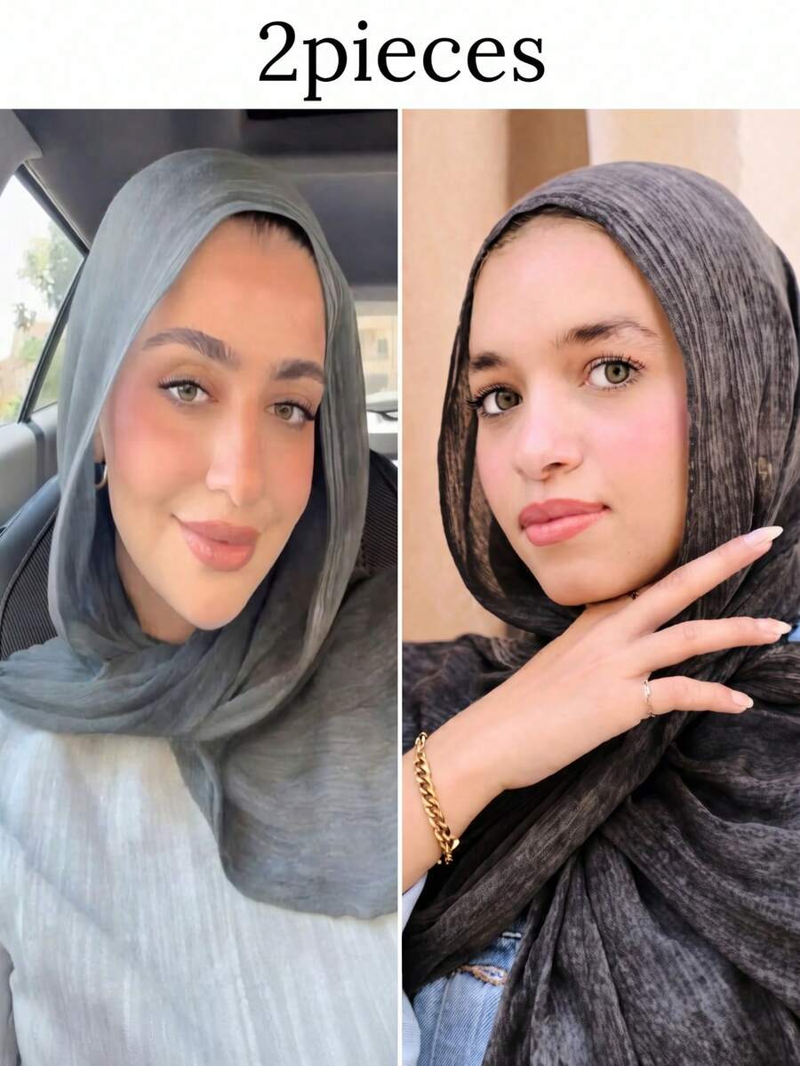 2pcs/Set Dirty Dye Arabic Hijab Thin Solid Color Lightweight Casual Long Scarf Suitable For Daily Use Raffeld Hijab - Black 1 Grey 1 - View 1