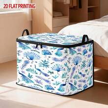 1pc Large Foldable Zipper Storage Box, 2D Cartoon Watercolor Ink Style Blue Peacock Pattern Storage Box, Premium Style Element Print, Perfect For Travel, Bedding And Wardrobe Organization Solution - View 5