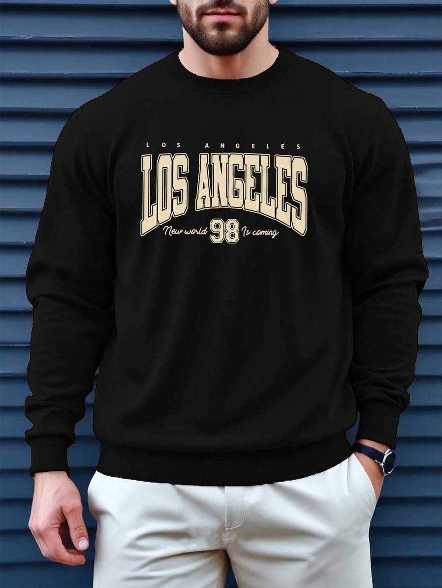 Men's Spring/Autumn Sports Casual Sweatshirt, Los Angeles Print, Suitable For Outings, Walking, Friends Gathering, Outdoor Travel, GYM - Black - View 1