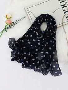 1PC Women's New Navy Blue Polka Dot Print Headscarf, Polka Dot, Voile Hijab, Lightweight Soft Comfortable Breathable Long Scarf, High-End Digital Print Fashion Versatile Polka Dot Scarf, Scarfs For Woman, Multi-Functional Accessory Long Scarf, Suitable For Daily Outings, Walking, Shopping, Etc., All Seasons - Navy - View 7