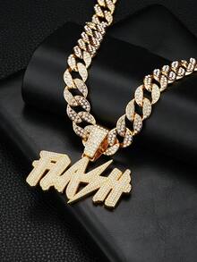 European & American Hip Hop Graffiti FLASH Letter Full Rhinestone Pendant Cuban Chain Men's Heavy Work Rhinestone Thick Chain Necklace Rap Street Fashion Accessory Gold & Silver Two Colors Optional - FLASH - View 6