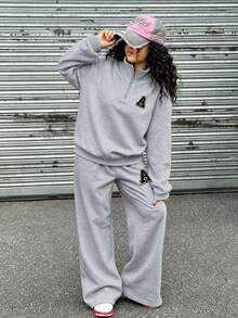 2pcs Girls Outfit Set, Includes Half-Zip Hooded Sweatshirt (Printed With Letter "A") And Loose Wide-Leg Pants, Fashionable Versatile Autumn/Winter New Style - Grey - View 2