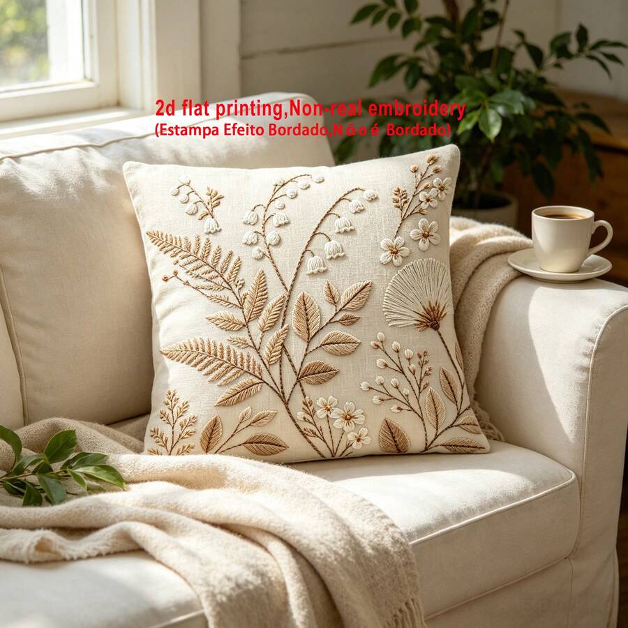 1pc Faux Embroidery Lily Of The Valley Print Pillowcase, 2D Flat Print, Gentle Healing Style Home Decor Cushion Cover, Lightweight Polyester Material Single-Sided Print Cushion Cover, Machine Washable, Zipper Closure, Pillow Insert Not Included, 45*45cm - Mocha Brown - View 1
