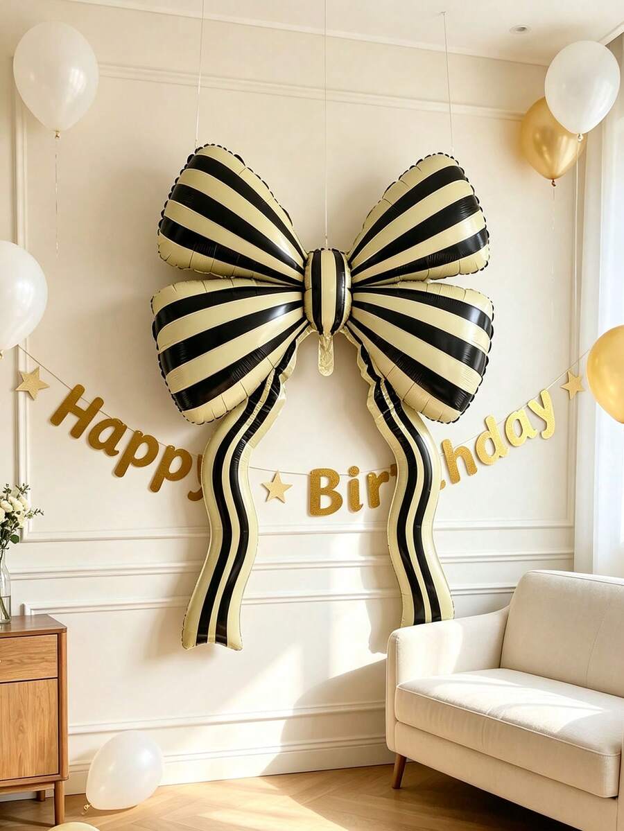 2pcs Black Striped Bow Balloon Ribbon Balloons Suitable For Wedding, Engagement, Birthday Party, Valentine's Day, New Year, Christmas Home Decoration - Striped Bow - View 1