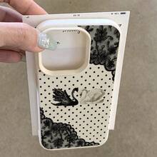 1件 TPU材質 2D復古黑白天鵝黑色波點蕾絲邊圖案手機殼，適用於 iPhone 17 Pro Max/17/16 Pro Max/15/13/12/11/S20 FE/A15/S24/A55/Note 11/Note 12/Note 13 Pro，全包覆防摔軟殼保護套 - 白色 - 查看 3