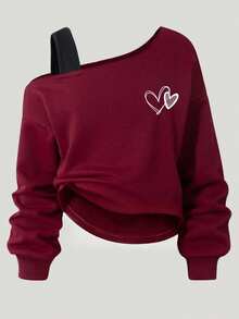 Youth Girl Cartoon Print Round Neck Asymmetrical Shoulder Long Sleeve Top And Pants - Burgundy - View 3