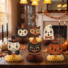 6PCS Halloween Party Vintage Theme Desktop Decorations, Cartoon Vintage Theme Halloween Honeycomb Ornaments, Includes Owl, Pumpkin Head, And Skull, Suitable For Halloween Party Table Decoration, Party Supplies, Can Be Used Indoors - A - View 7