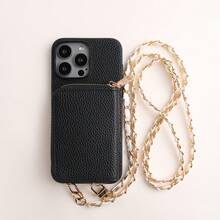 1pc Solid Color Lychee Texture PU Leather Lanyard Card Holder Wallet Phone Case Compatible With Apple 18 17 16 15 14 Plus 13 12 11 Pro Max Compatible With Samsung Galaxy S26 S24 Plus A15 A16 A56 Compatible With Google Pixel 9a 8 Pro - Black - View 5