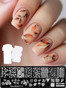 Autumn Maple Leaves Nail Art Stamping Plate With Stamper & Scrapper Leaf Mushroom Apple Pattern Designs Drawing Template For Nail Charming DIY Geometric Nails Stencil Templates Transfer Printing Mold Manicure Tools - Silver - View 3