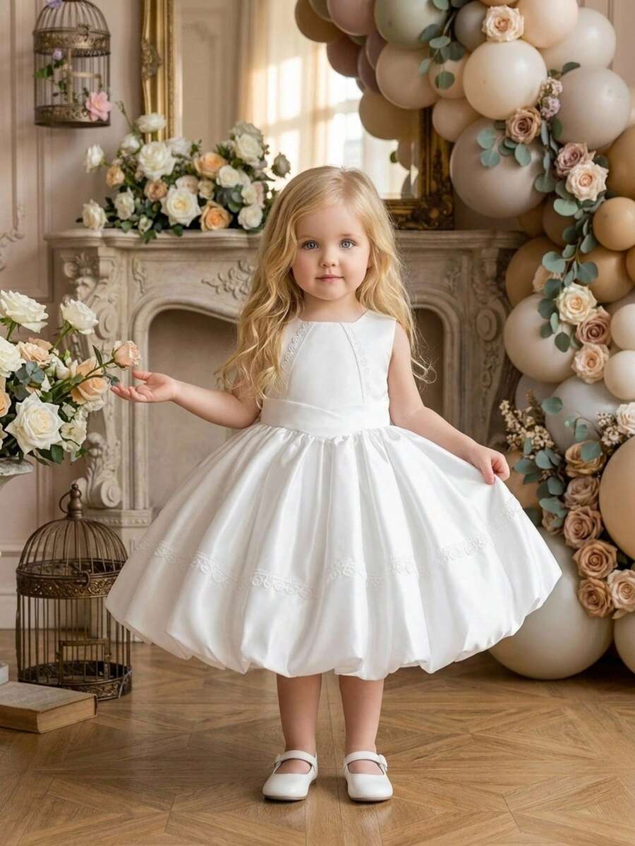 Baby Girls Square Neck Ribbon Bow Solid Color Satin Cute Puff First Birthday Dress, Headband Not Included - White - View 1