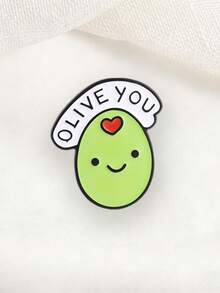清新卡通橄欖諧音語錄「Olive You」琺瑯胸針 心形雲朵愛心文字胸章 可愛背包裝飾徽章 - 綠色 - 查看 5