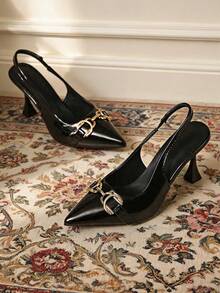 Women's Pointed Toe Buckle Closure Pure Metal Office Fashion High Heels - Black - View 5