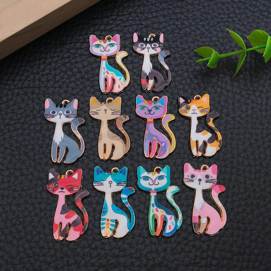 6/10pcs Printed Enamel Tall Cat Charms Colorful Kitten Alloy Pendants Jewelry Making Findings For DIY Bracelet Necklace Earring Craft Supplies