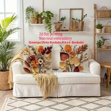 2 fundas de almohada de otoño, con patrón de hojas y flores vintage en color marrón óxido, impresión plana 2D no bordada, de tela de poliéster con cremallera impresa por un solo lado, decoración de otoño y cosecha de Acción de Gracias para el hogar, adecuada para suministros de fiesta, sofá, cama y silla del hogar, decoración de patio rústico - Óxido marrón - View 3