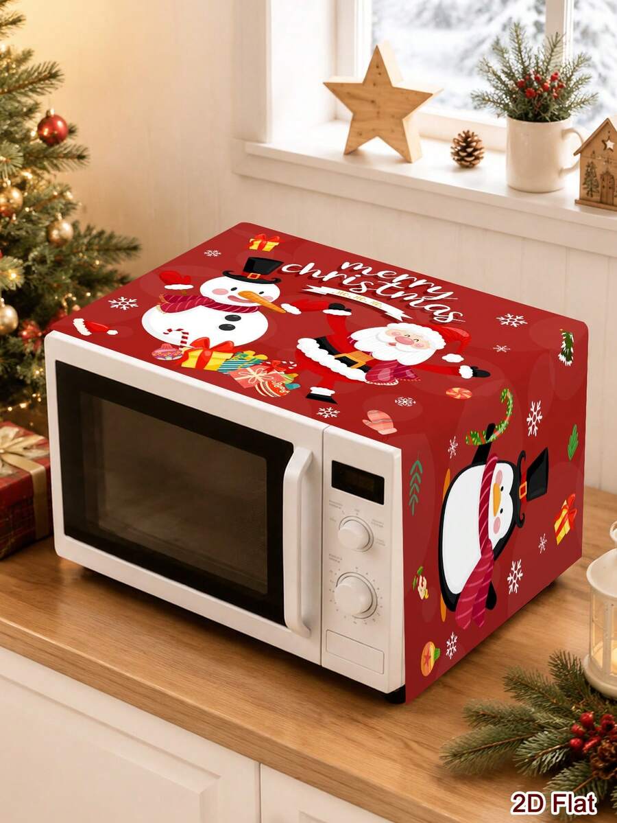 1pc Red Christmas Microwave Cover, Gingerbread Man & Penguin Pattern Toaster Dust Cover, 2D Flat Polyester Oven Dust Cover, Christmas Kitchen Decor