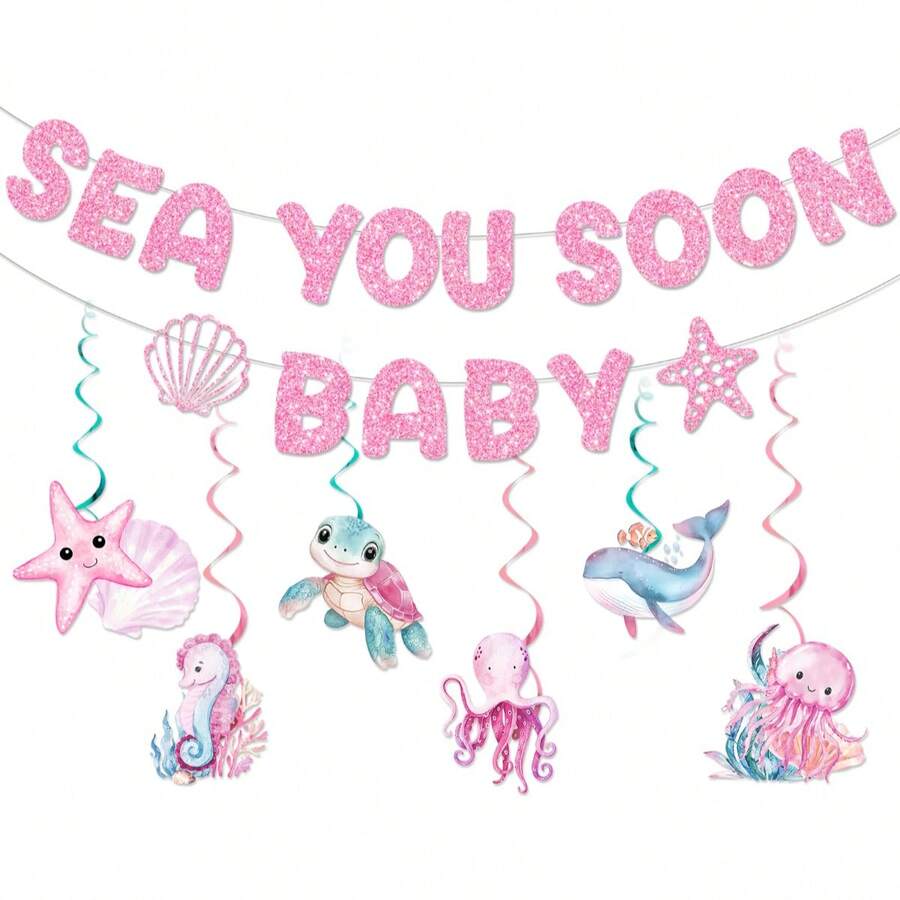 Pink Blue Ocean Theme Baby Shower Banner, "SEA YOU SOON BABY" Glitter Letters With Sea Creatures, Newborn Celebration Party Decor - Multicolor - View 1