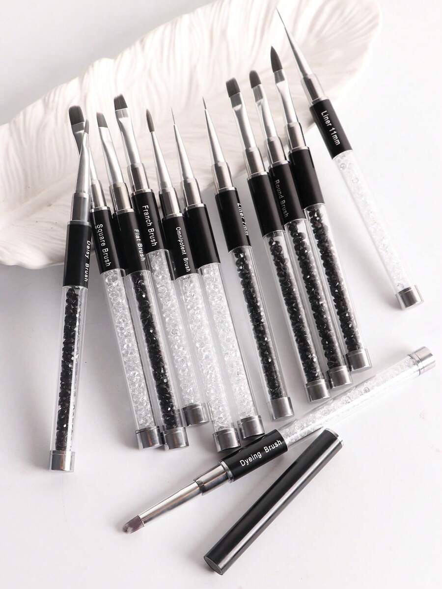 Transparent Rhinestone Handle Nail Art Brush Set, Gel Painting Tools, Suitable For Linework, Gradient, French DIY Nail Design - Multicolor - View 1