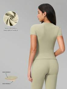 MFVIM Women's 2-Piece Solid Color Slim Fit Short Sleeve T-Shirt And Capri Length Leggings Set, Casual Outdoor Sports Fitness Outfit - Green Bean Color - View 4