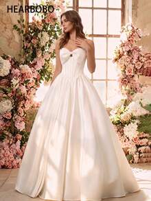 HEARBOBO Vintage Bohemian Strapless Beaded A-Line Wedding Gown, Woven Fabric Bridal Dress - White - View 7
