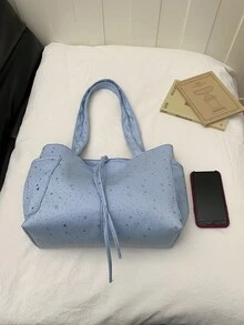 時尚百搭紋理素色新款大托特包 休閒極簡紋理拼色單肩包 - 藍色 - 查看 3
