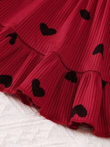 Baby Girl Heart Print Dress And Headband 2 Pieces Set, Spring/Autumn Dress - Burgundy - View 5