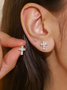 Shiny Rhinestone Cross Stud Earrings For Women, Small Party Style Religious Cross Earrings - Silver - View 1