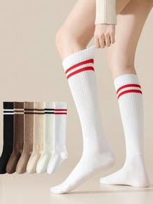 1/6 Pairs Women's Calf Socks, Solid Color Double Stripe Vertical Line Slimming Anti-Slip Knee-High Socks, Daily Wear - Multicolor - View 1
