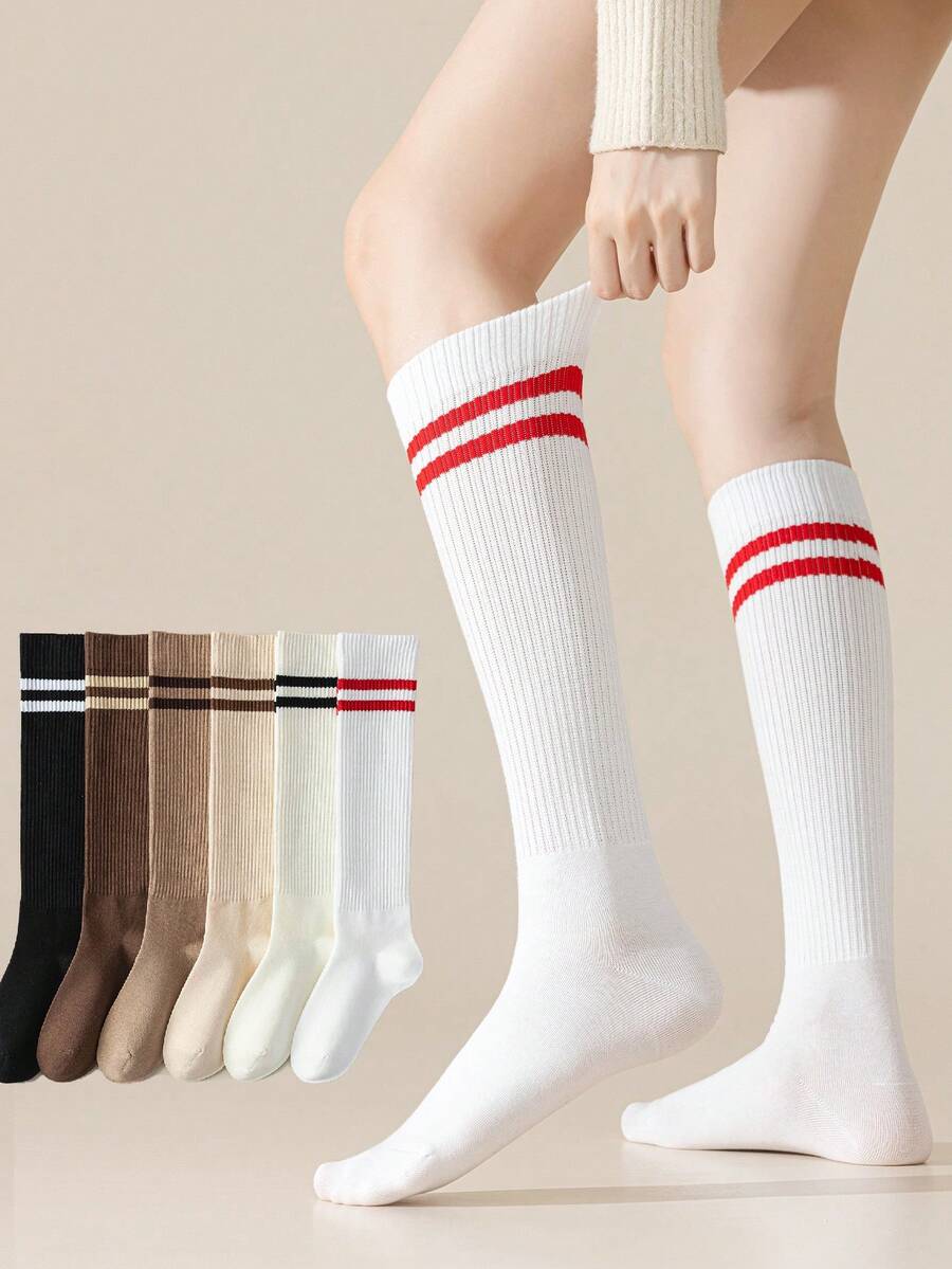 1/6 Pairs Women's Calf Socks, Solid Color Double Stripe Vertical Line Slimming Anti-Slip Knee-High Socks, Daily Wear - Multicolor - View 1