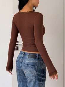 Women's Elegant Sexy Sexy Lace Trim Long Sleeve Base Layer Top - Chocolate - View 7