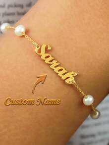 Personalized Name Gold Pearl Bracelet, Personalized Freshwater Pearl Bracelet, Exquisite Pearl Bracelet, Bridesmaid Gift - Multicolor - View 3